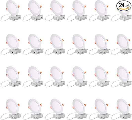 ZYC Recessed Lighting 6 Inch - 12W Ultra-Thin LED Ceiling Lights,2700-5000K Selectable,5CCT Dimmable Canless Wafer Downlight,1100LM Hight Brightness,Dimmable Can Light,Pack of 24 White.