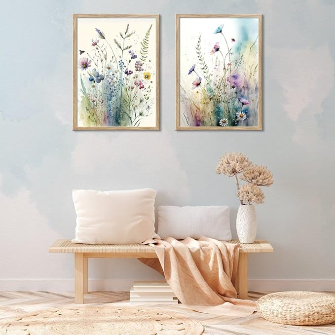 Large Framed Colorful Flowers Bathroom Wall Art Decor, Blue Floral Picture Canvas Print White Daisy Painting Artwork for Bedroom Living Room Office Decoration 16"x24"x2 Panels
