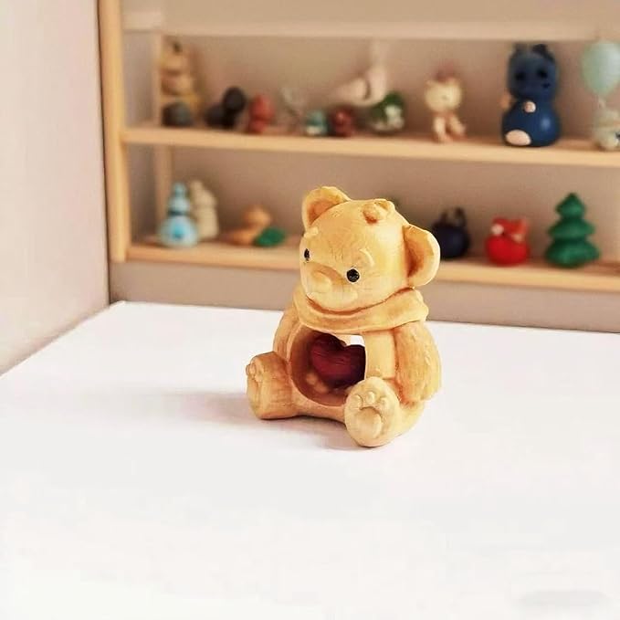 Cute Wooden Bear Figurine – Carved Hollow Love Bear Statue in Acrylic Display Box, Romantic Couples Gift for Anniversary, Valentine’s Day, Birthday, Unique Home & Office Shelf Decor