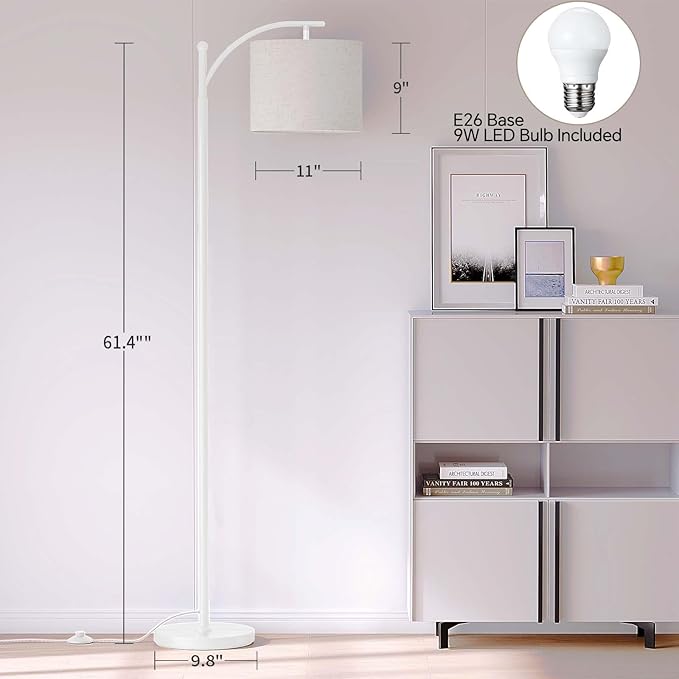 SUNMORY Arc Floor Lamp, Modern Floor Lamp with 9W 3 Color Temperatures Bulb, Metal Standing Lamps with Adjustable Hanging Lampshade, Tall Floor Lamps for Living Room, Bedroom, Office (White)