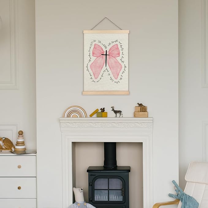 Supwhd Pink Bow Coquette Christian Wall Decor for Girls Room Dorm, Pink Christian Bible Verse Wall Art With Wooden Poster Hanger, 12x16