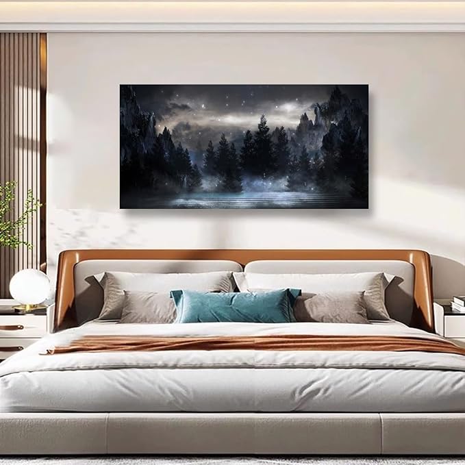 Mountain Canvas Wall Art for Living room Office Bedroom Forest Wall Art Print Oil Paintings Modern Lake Starry Sky Landscape Pictures Wall Decor Dream Artwork Waterproof Ready to Hang - 20in * 40inch