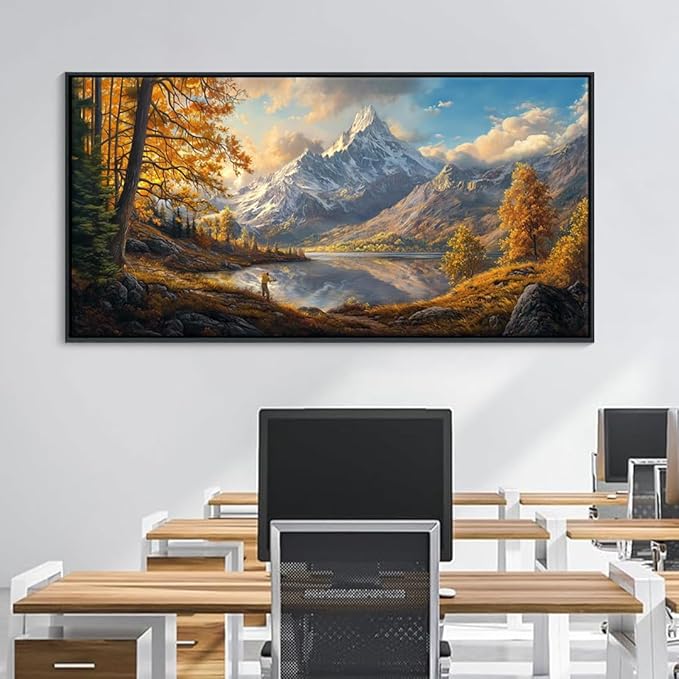 YCPRIMER Fall Canvas Wall Art - Large Mountain Lake Paintings Wall Decor, Panoramic Artwork for Walls, Pictures for Living Room Bedroom Dining Room, Ready to Hang, 24Lx48W