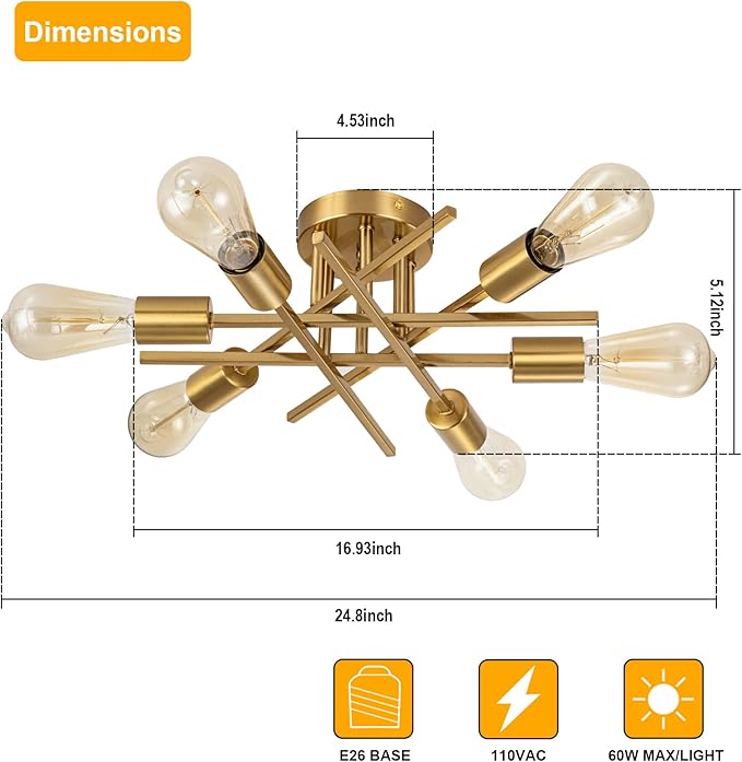 Sputnik Chandeliers, Modern Semi Flush Mount Ceiling Light with E26 Base, Mid Century Industrial Kitchen Farmhouse Light Fixtures for Bedroom Living Room (Brass, Ceiling 6 Lights)