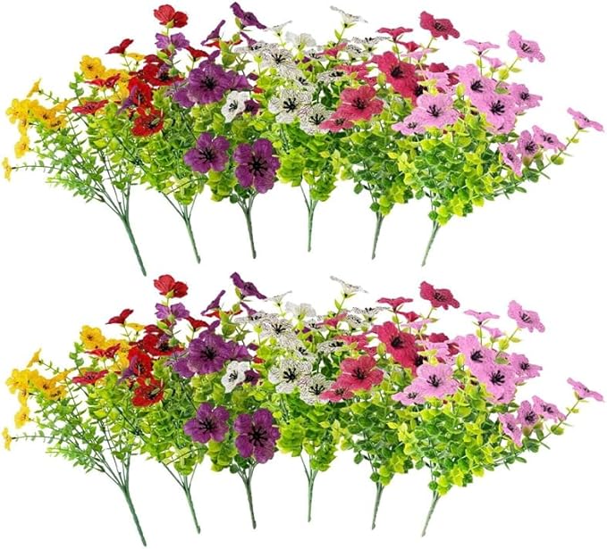 Artificial Flowers UV Resistant Outdoor,12 Bundles Faux Plants for Fall Halloween Thanksgiving Christmas Patio Porch Decor, No Fade Fake Window Box Greenery for Home Wedding Walkway Decoration