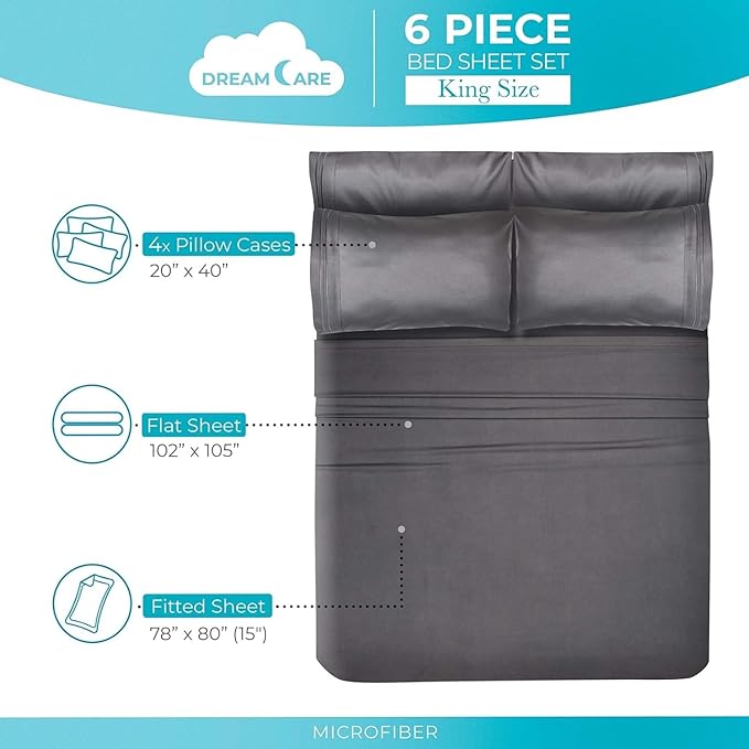 DREAMCARE California King Sheet Sets – 6 pcs Cooling Bed Sheets – up to 15” Deep Cal King Sheets – 2500 Supreme Collection – Extra Soft 100% Brushed Microfiber Hotel Luxury with Side Pocket – Gray