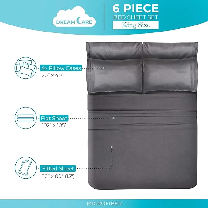 DREAMCARE Sheets Full Size Bed – 6 Pcs Deep Pocket Full Size Sheets Set - Cooling Bed Sheets – Full Sheet Set – Soft & Long Lasting – Extra Soft 100% Brushed Microfiber with Side Pocket – Gray