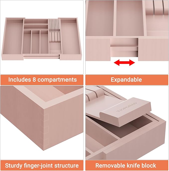 Bamboo-Silverware-Drawer-Organizer-Kitchen, Expandable Utensil Holder Cutlery Tray Flatware Organization Adjustable Wood Tableware Dividers Storage (with Removable Knife Block)(Grey Pink)