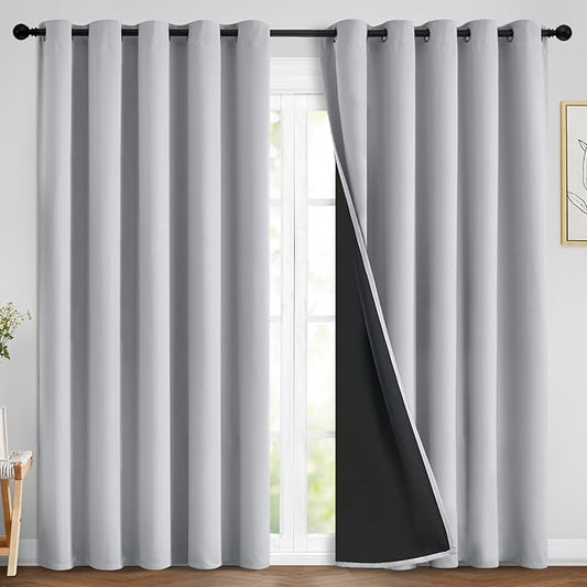 Yakamok 84 Inch Long 100% Blackout Curtains for Bedroom, 2 Thick Layers Thermal Insulated Grommet Total Blackout Drapes with Black Liner for Living Room (70Wx84L,Light Grey, 2 Panels)
