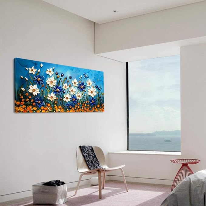 ZESTFLICKR Daisy Canvas Wall Art Daisies Flower Oil Painting Print Modern Floral Canvas Painting Artwork Nature Painting for Living Room Bedroom Home Office Kitchen Decoration (28x58 inches)