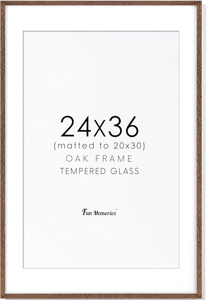 24x36 Picture Frame, 24x36 Poster Frame - Solid Oak Wood & Tempered Real Glass, Large 24 x 36 Frame for Wall, Rustic Wooden 24 by 36 Frame, 24x36 Frame with Mat for 20x30, Walnut Color