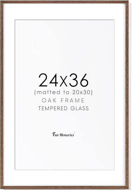 24x36 Picture Frame, 24x36 Poster Frame - Solid Oak Wood & Tempered Real Glass, Large 24 x 36 Frame for Wall, Rustic Wooden 24 by 36 Frame, 24x36 Frame with Mat for 20x30, Walnut Color