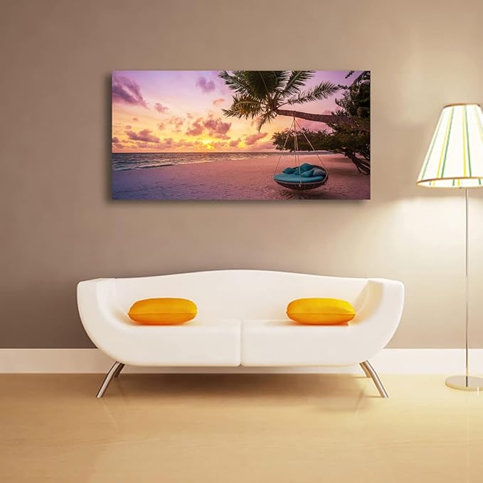 Purple Beach Palm Pictures Canvas Wall Art For Living Room Bedroom Wall Decor,Sunset Wall Art Print Paitnings For Home Decor,Morden Artwork Coconut Tree Canvas Art Ready To Hang-28x57 Inches