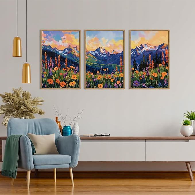 ANHUIB Colorful Wildflower Wall Art Boho Mountain Wall Decor Nature Floral Art Print 16x24 Inch Set of 3 for Living Room Bedroom Dining Room
