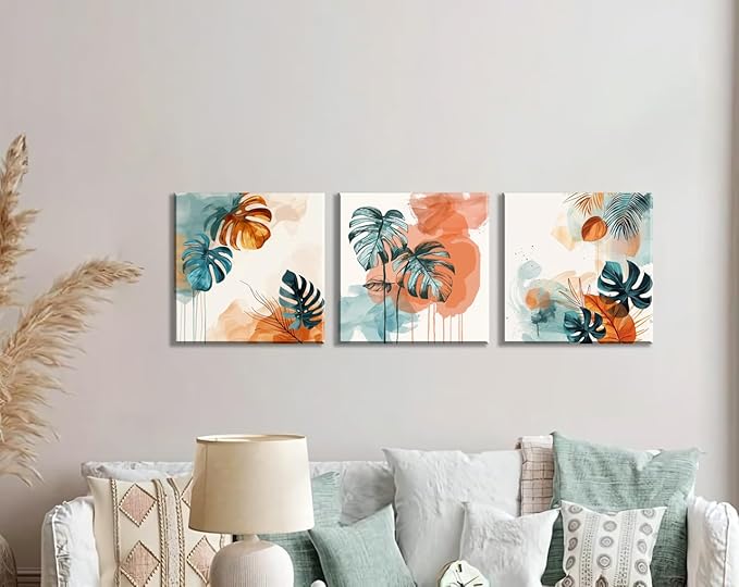 NAN Wind 3Pcs Abstract Tropical Leaves Canvas Art Modern Botanical Wall Decor Teal and Orange Leaf Minimalist Jungle Wall Art Framed Contemporary Nature-Inspired Print for Living Room or Bedroom