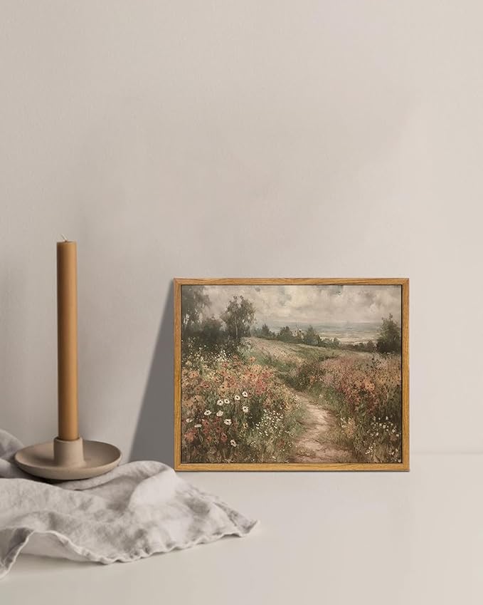 KBKBART Framed Canvas Wall Art - Vintage Countryside Wildflower Field Painting - Retro Nature Wilderness Canvas Art Prints - Rustic Landscape Wall Decor for Living Room, Bedroom & Bathroom (8"x10")