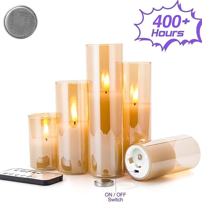 Eywamage 5 Pack Gold Glass Flameless Candles with Remote, Flickering Slim Tall LED Pillar Votive Candles Battery Included