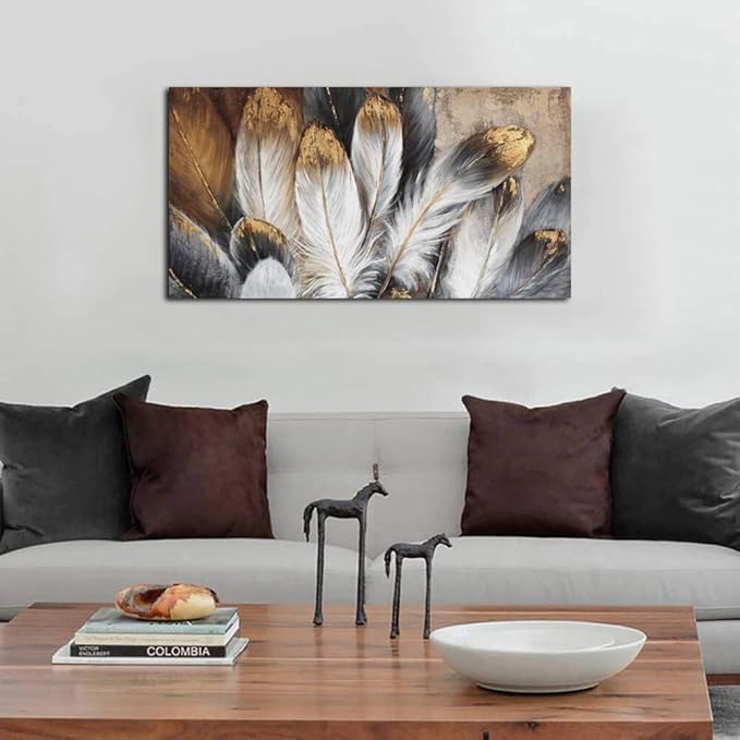 Feather Wall Art Modern Living Room Bedroom Wall Decoration Large Giclee Print Canvas Painting Artwork for Home Decor One Piece White Gold Brown Feather Picture Ready to Hang 24x48 Size