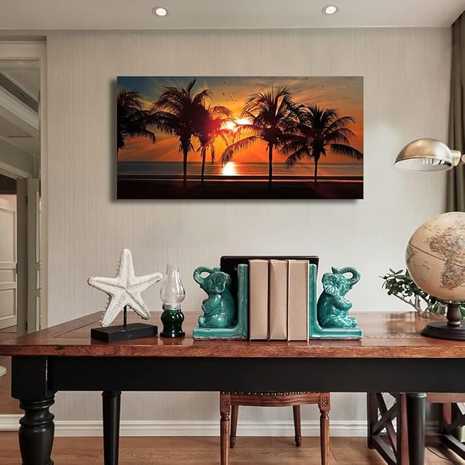 Beach Canvas Wall Art Seascape Theme Pictures Home Decor Blue Ocean Coconut Tree Sunset Prints Paintings for Living Room Bathroom Bedroom Kitchen Office Decoration Natural Scenery Artwork 28x57 inches