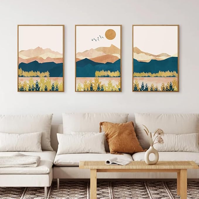 HPINUB Mountain Framed Canvas Wall Art Set, Mid Century Modern Wall Decor, Set of 3 Boho Artwork Nature Art Paintings, Bohemian Art Prints for Living Room, Bedroom, Dining Room, Office-24 x36 x3