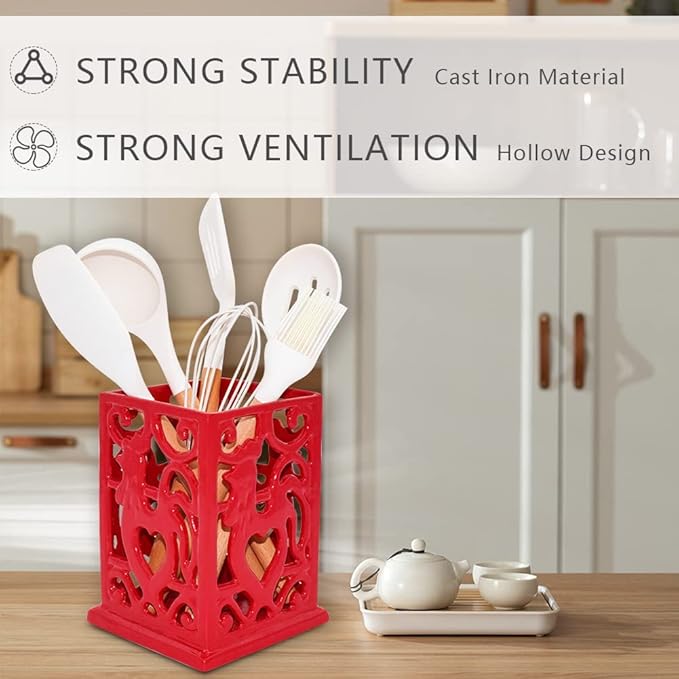 Vintage Utensil Holder for Countertop, Robust Sturdy Cast Iron Utensil Holder for Kitchen Counter Cooking Tools Crock Spoon and Spatula Holder Organizer, Red