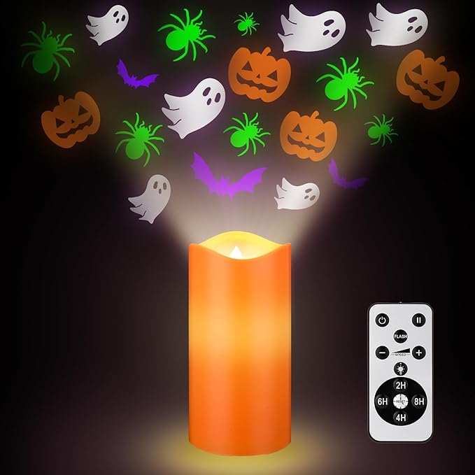 Halloween Projector Candle Ghost Projector Light Halloween Indoor Decoration Spooky Scary LED Flameless Candle Battery Operated Night Light with Remote and Timer Bedroom Home Decor Party Gift