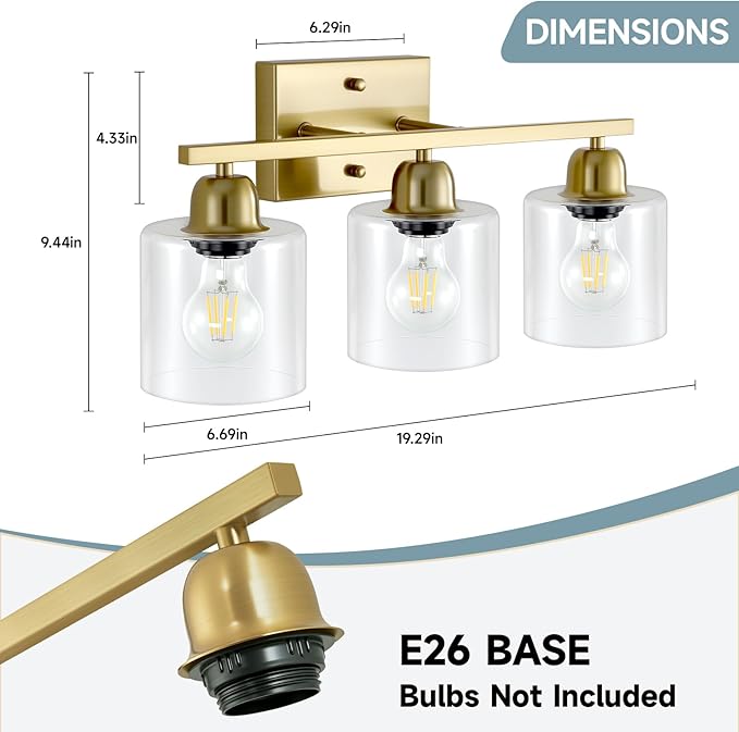 3 Light Gold Bathroom Light Fixtures, Modern Bathroom Vanity Lights with Clear Glass, Gold Vanity Mirror with Lights for Mirror Living Room Bedroom Hallway E26 Base