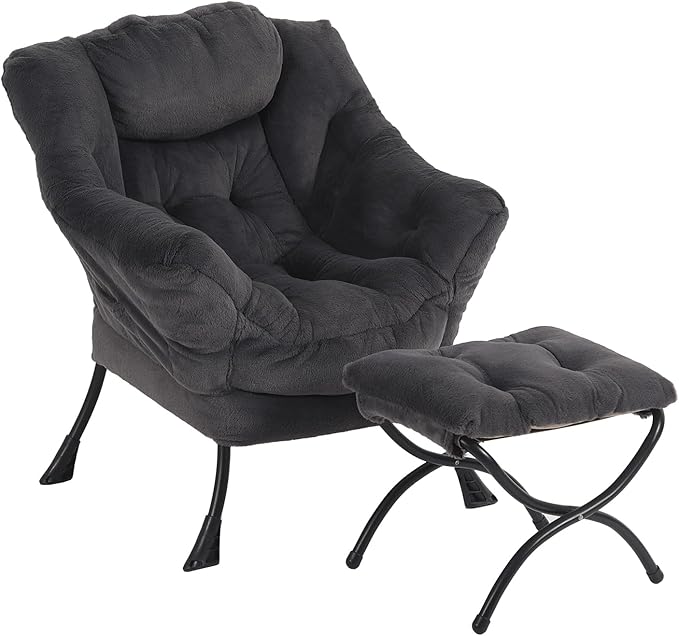 Oversized Chair with Ottoman, Modern Reading Chair, Lounge Accent Chair with Armrests and a Side Pocket for Small Space, Bedroom, Study, Living Room (Plush Dark Greyish Blue)