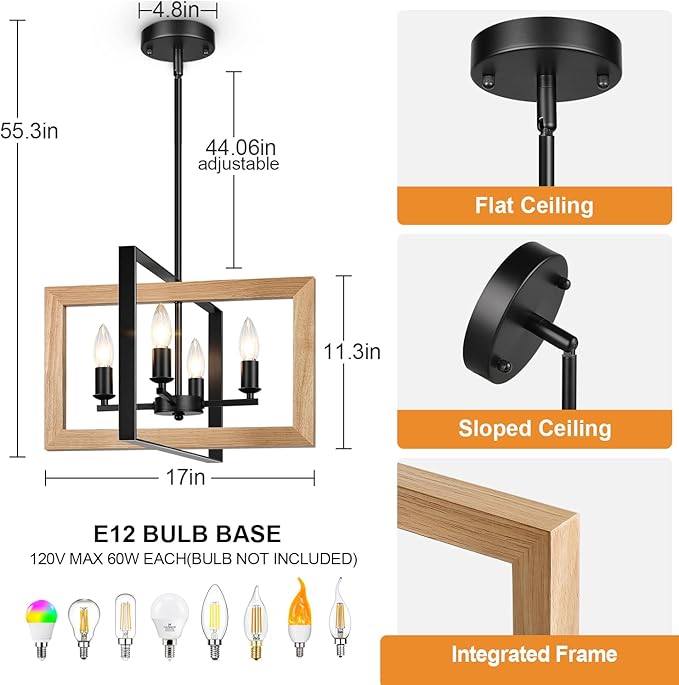 17" Farmhouse Natural Wood Chandelier, (4-Light, 17-Inch), Rustic Dining Room Light Fixtures Over Table, Adjustable Hanging Light Fixture for Kitchen, Living Room, Foyer, Entryway