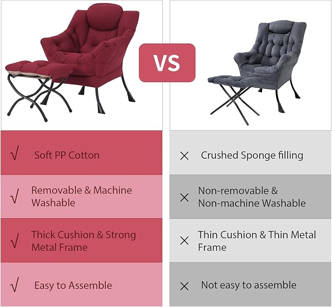 Lazy Chair with Ottoman, Modern Chair with Folding Footrest, Lounge Accent Chair, Comfortable Reading Chair (Burgundy)