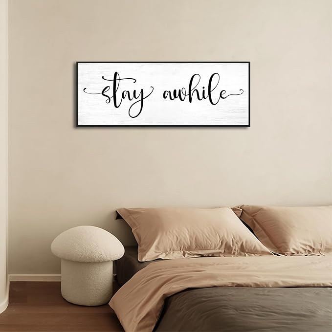 Stay Awhile Sign Wall Decor: 32''×12'' Farmhouse Wall Art Rustic Canvas Print Wall Signs, Large Black Framed Hanging Plaque Home Decor for Kitchen Dining Room Living Room Hallway Entryway