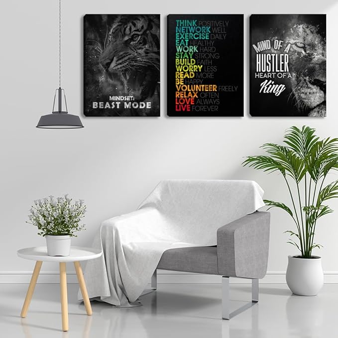 3 Pieces Mindset Wall Decor Posters Room Decor for Men Motivational Tiger Wall Art for Office Inspirational Picture Painting Poster Prints Canvas Wall Art Home Framed Decorations(36" Wx16 H)