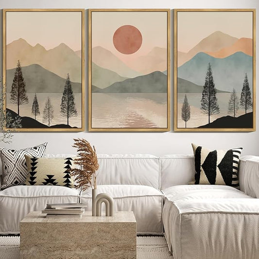 KUVIOKE Vintage Landscape Framed Wall Art Mountain Range Wall Decor Ink Wash Watercolor Nature Laker Sun Rises Prints Bedroom Living Dining Room Ready to Hang 24x36in (Natural Framed)