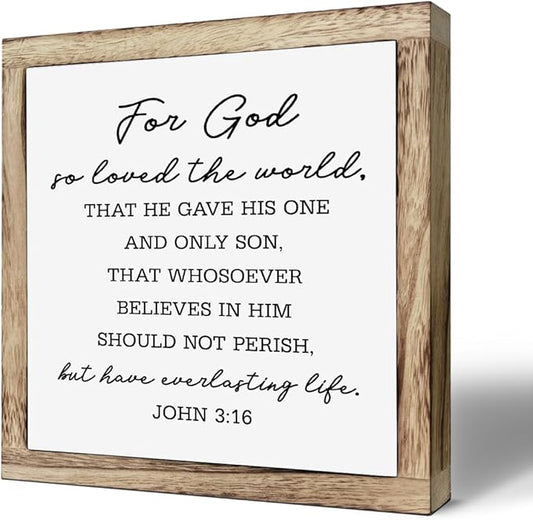 SUSZDOU Scripture Sign, John 3:16 Sign, For God So Loved the World Sign, Wooden Plaques Box Signs, Bible Verse Decor Art, Scripture Table Decor, Rustic Christian Home Decor, Shelf Decoration