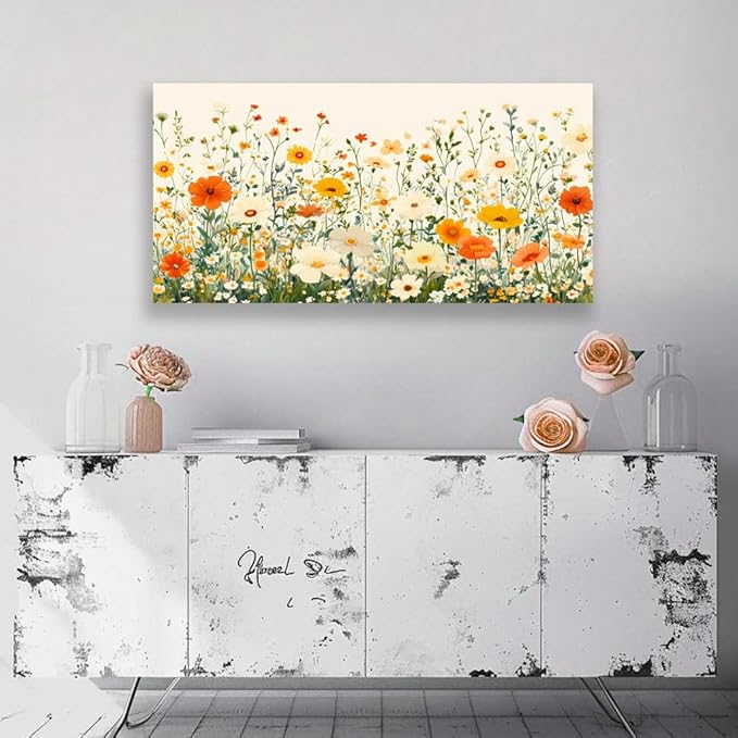 KZKU Floral Canvas Wall Art Orange and White Wildflowers Modern Botanical Print Watercolor style Flower Picture for Bedroom Living Room Artwork Home Wall Decoration