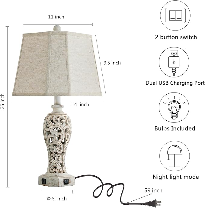 25'' Farmhouse Table Lamp for Living Room Bedroom, 2 USB Ports Vintage Rustic Nightstand Desk Lamp with Nightlight, White Hollow Out Resin Lamp for End Table (Bulb Included)