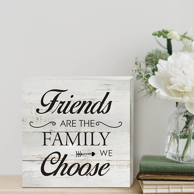 Kinship Wooden Box Sign Desk Decor Rustic Wood Block Plaque Box Sign for Home Living Room Shelf Table Decoration (5 X 5 Inch) (Friends)