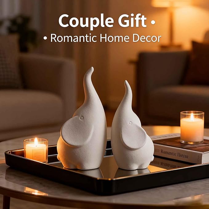Ceramic Elephant Figurines with Trunk Up, Pair Couples Loving Elephant Statue, Small Figurines Sculpture African Home Decor, Valentine Elephants Gifts for Women, Wedding Knick Knacks（White）