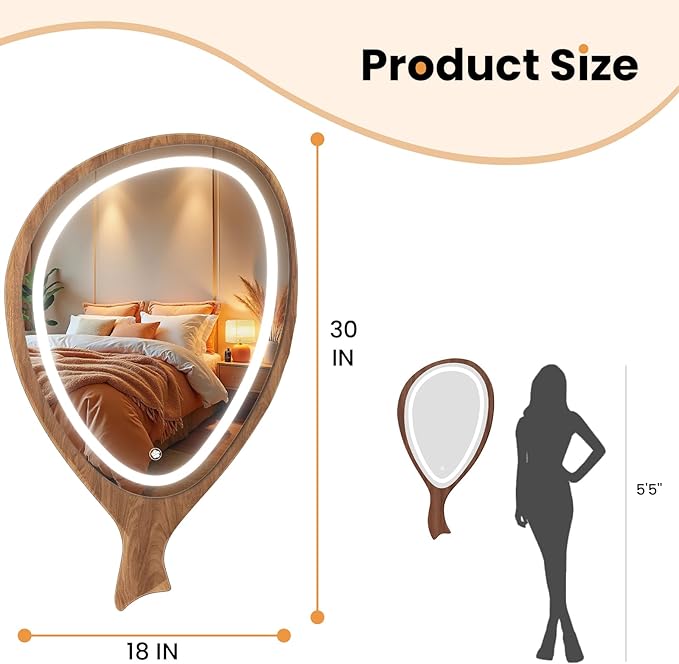 LED Wall Mirror Irregular Asymmetrical Wall Mirror for Living Room Bathroom Entryway, Modern Decorative Mirror Hanging (Hook Style, 30'' x 18''Walnut