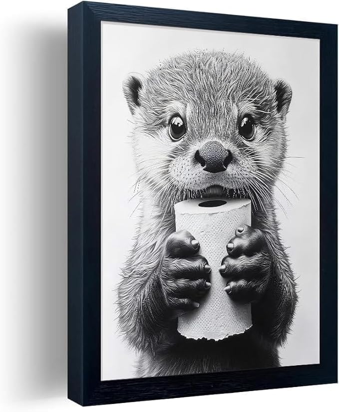 Minimalist Bathroom Wall Decor, Otter Wall Art for Grabbing Toilet Paper, Hilarious, Funny Bathroom Animal Art Black and White Canvas Print Painting can be Hung Directly Frame 16 "x 20"