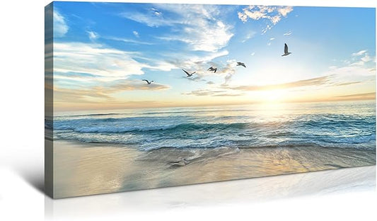 Dimpoli Beach Ocean Canvas Wall Art, Ocean Seagull Birds Blue Natural Scene Artwork Decorations for Home Living Room Decor 40x20 Inches
