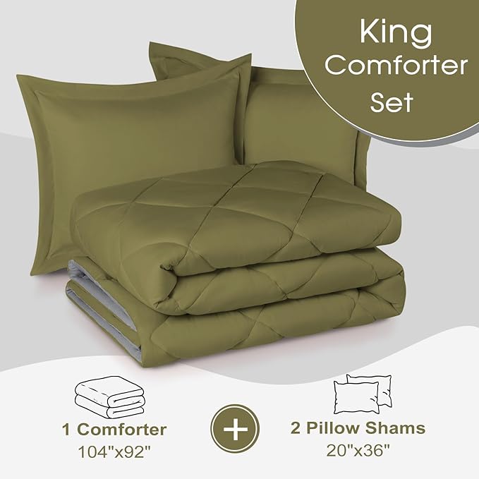 Basic Beyond King Size Comforter Set - Olive Green Comforter Set King, Reversible King Bed Comforter Set for All Seasons, 1 Comforter (104"x92") and 2 Pillow Shams (20"x36"+2")