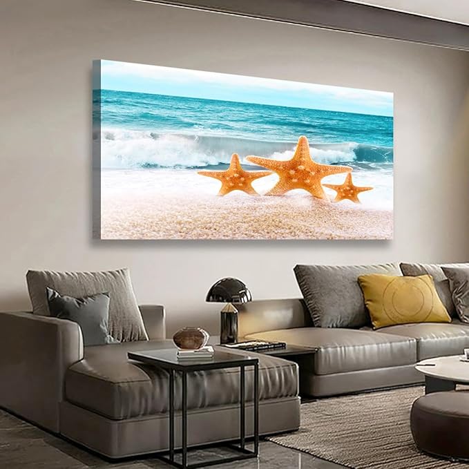 Beach Canvas Wall Art for Living room Office Bedroom Ocean Wall Art Print Oil Paintings Modern Sea Waves Starfish Pictures Blue Wall Decor Artwork Waterproof Ready to Hang - 20in * 40inch