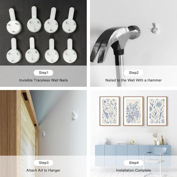 KAIRNE Blue and White Floral Wall Art Set of 3, 24x36Inch Chinoiserie Framed Canvas Art Prints, Navy Watercolor Botanical Flower Painting, Wildflower Decor for Living Room, Bedroom, Bathroom, Home