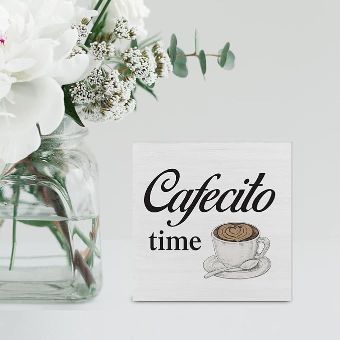 Country Cafecito Time Wood Box Sign Decor Desk Sign Coffee Caffeine Lover Wooden Box Block Sign Rustic Home Kitchen Shelf Tabletop Wall Decoration