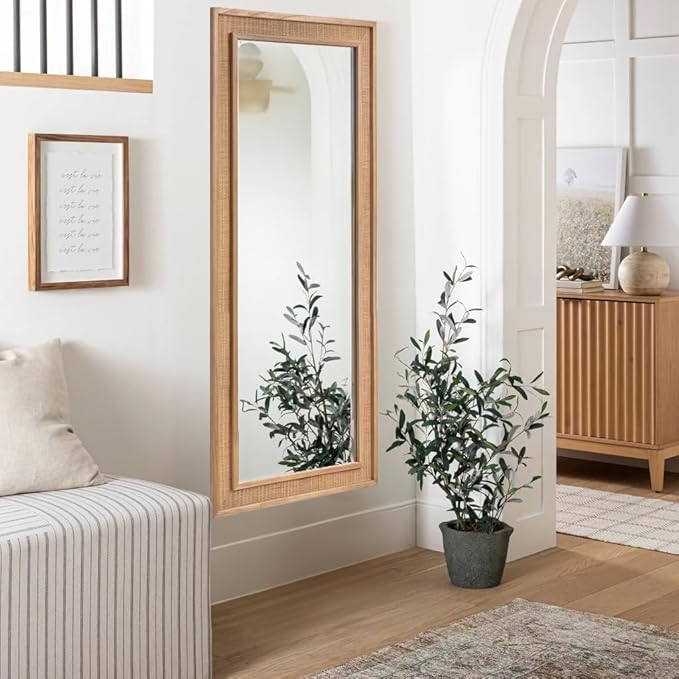 Rattan Full Length Mirror 27"x67" Long Mirror Wood Framed Large Hanging Wall Mounted Mirror Full Body Mirror Decorative Rectangle Floor Mirror Leaning Against Wall for Bedroom Living Room