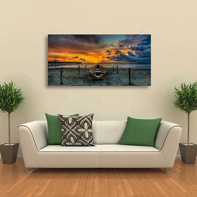 Beach Themed Wall Art Canvas Prints Seascape Poster Bathroom Décor Boat Ocean Sunset Landscape Paintings for Bedroom Dining Room Home Kitchen Decorations Natural Artwork 28x57 Picture Wooden Frames
