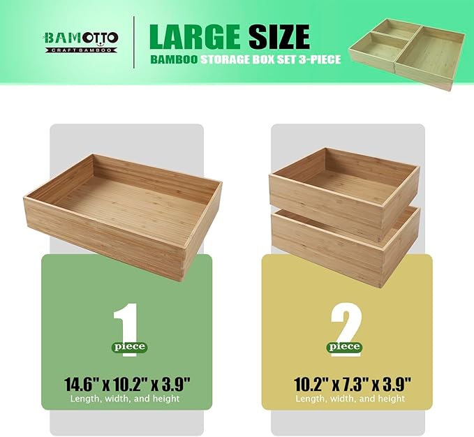 3-Piece Large Bamboo Storage Box Set, 3.9 in High, Stackable Deep-Drawer Organizer for Kitchen Cutlery, Cookware, Utensils & Knives, Lidless Wooden Bin (14.6"x10.2"*1+10.2"x7.3"*2)