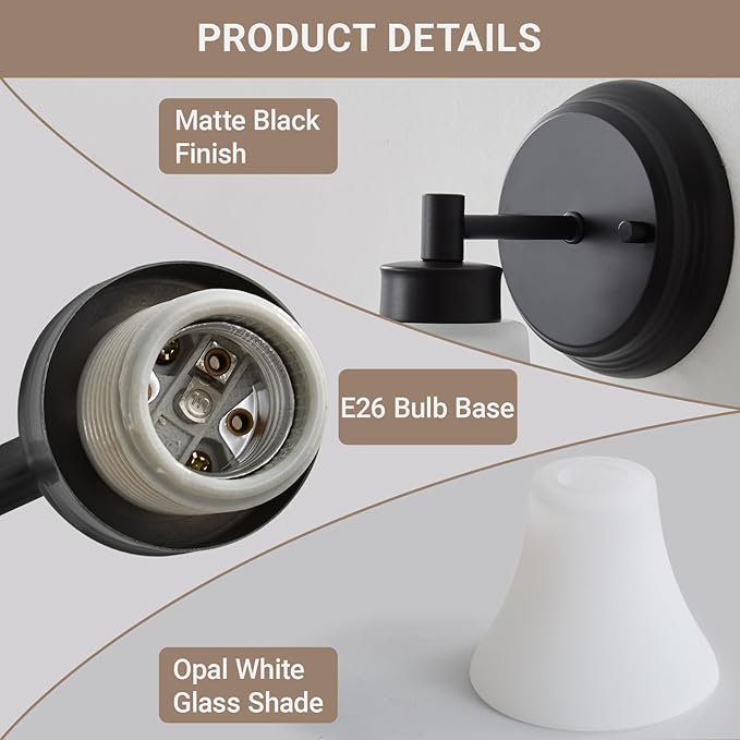 LOUSACE 2 Pack 1-Light Bathroom Vanity Lights Black Vintage Bathroom Lighting Fixtures with Opal White Glass, Set of 2 Single Vanity Wall Sconces for Side Mirror Cabinet Stairs Kitchen Living Room