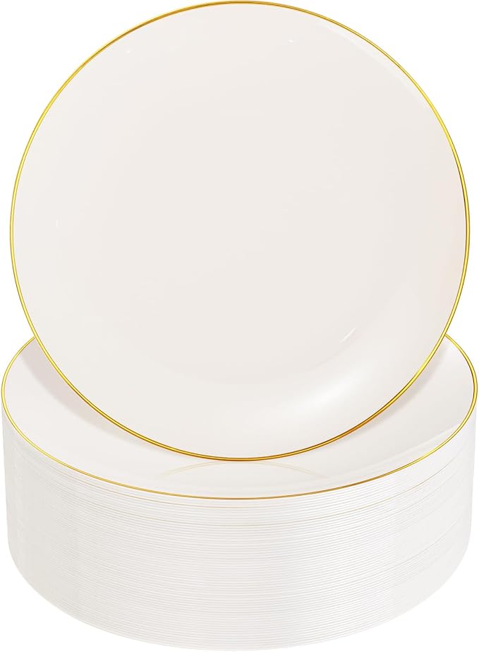 Nervure 100Pcs Ivory and Gold Plastic Plates - 10.25inch Disposable Ivory Dinner Plates - Heavy Duty Plastic Plate Ideal for Wedding & Party & Thanksgiving